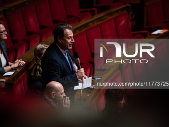 Sylvain Berrios, a member of the Horizons and Independents group, is in Parliament during question time in Paris, France, on November 13, 20...