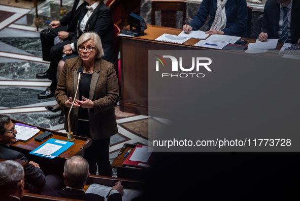 Catherine Vautrin, Minister for Territorial Partnership and Decentralization, is in the French Parliament during question time in Paris, Fra...