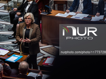 Catherine Vautrin, Minister for Territorial Partnership and Decentralization, is in the French Parliament during question time in Paris, Fra...