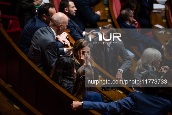 Olivia Gregoire, a member of the Together for the Republic group, is in Parliament during question time in Paris, France, on November 13, 20...