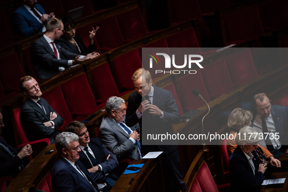 Carles Alloncle, deputy of the Union of the Right for the Republic group, is in Parliament during question time in Paris, France, on Novembe...