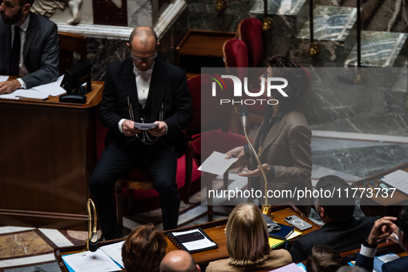 Rachida Dati, Minister of Culture, sits among the benches of the General Assembly in the French Parliament in Paris, France, on November 13,...