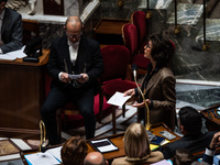 Rachida Dati, Minister of Culture, sits among the benches of the General Assembly in the French Parliament in Paris, France, on November 13,...