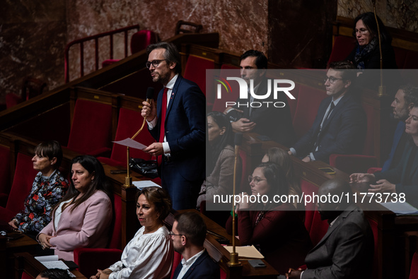 Arnaud Le Gall, MP La France Insoumise, is in Parliament during question time in Paris, France, on November 13, 2024. 