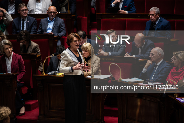 Annie Genevard, Minister of Agriculture, speaks in the French Parliament during question time in Paris, France, on November 13, 2024. 