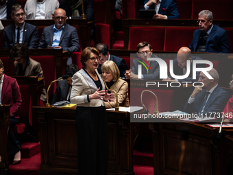 Annie Genevard, Minister of Agriculture, speaks in the French Parliament during question time in Paris, France, on November 13, 2024. (