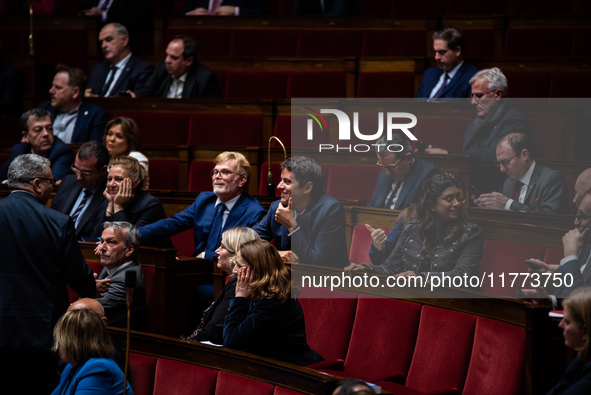 Former Prime Minister and President of Together for the Republic Gabriel Attal is in Parliament during question time in Paris, France, on No...