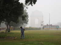 A sweeper works near India Gate as severe pollution levels are recorded in New Delhi, India, on November 13, 2024 (