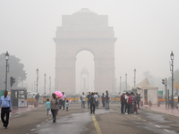 India Gate is covered in a thick layer of pollution in New Delhi, India, on November 13, 2024 (