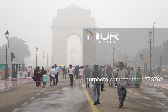 India Gate is covered in a thick layer of pollution in New Delhi, India, on November 13, 2024 