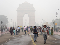 India Gate is covered in a thick layer of pollution in New Delhi, India, on November 13, 2024 (