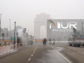 Water mist cannons, or ''anti-smog guns,'' are used near India Gate to reduce air pollution in New Delhi, India, on November 13, 2024 (