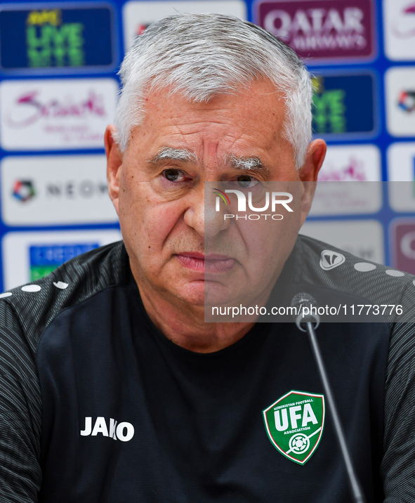 Uzbekistan national team assistant coach Vlado Radmanovich attends a press conference at Jassim Bin Hamad Stadium in Doha, Qatar, on Novembe...