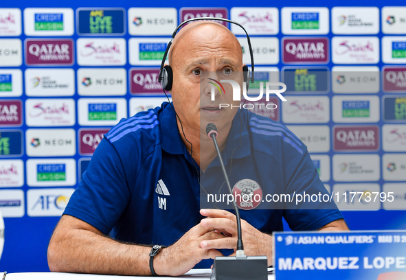 Qatar national team head coach Marquez Lopez attends a press conference at Jassim Bin Hamad Stadium in Doha, Qatar, on November 13, 2024, ah...