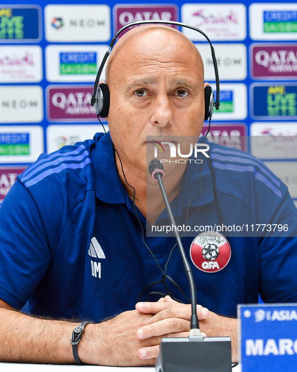 Qatar national team head coach Marquez Lopez attends a press conference at Jassim Bin Hamad Stadium in Doha, Qatar, on November 13, 2024, ah...