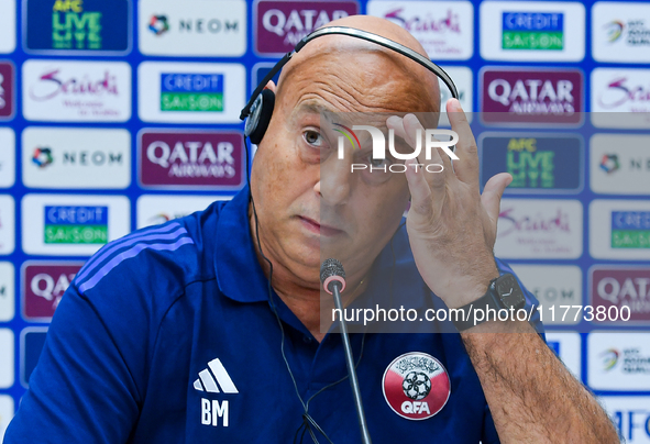 Qatar national team head coach Marquez Lopez attends a press conference at Jassim Bin Hamad Stadium in Doha, Qatar, on November 13, 2024, ah...