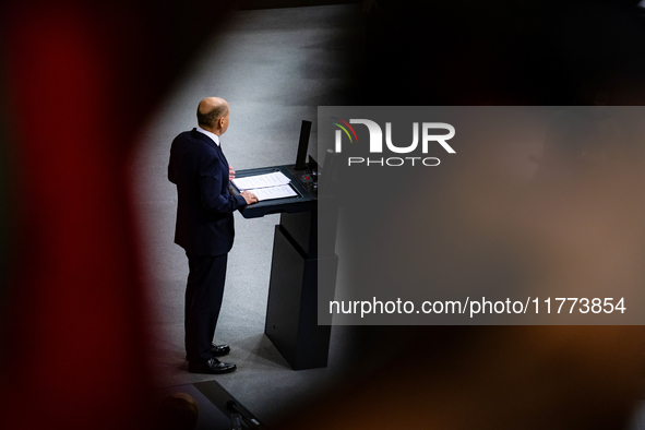 German Chancellor Olaf Scholz holds a Government Declaration at the lower house of Parliament Bundestag in Berlin, Germany, on November 13,...