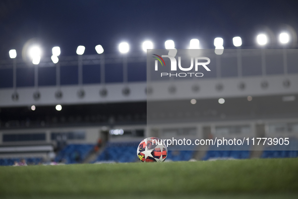 The Ball of Champions is on the grass during the UEFA Women's Champions League match between Real Madrid and FC Twente at Alfredo Di Stefano...