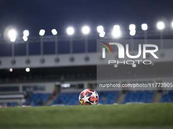 The Ball of Champions is on the grass during the UEFA Women's Champions League match between Real Madrid and FC Twente at Alfredo Di Stefano...