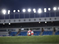 The Ball of Champions is on the grass during the UEFA Women's Champions League match between Real Madrid and FC Twente at Alfredo Di Stefano...