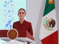 Claudia Sheinbaum Pardo, President of Mexico, speaks during a briefing conference about the rescue of Mexican Petroleum (PEMEX) at the Natio...