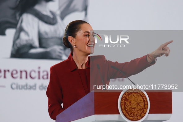 Claudia Sheinbaum Pardo, President of Mexico, speaks during a briefing conference about the rescue of Mexican Petroleum (PEMEX) at the Natio...