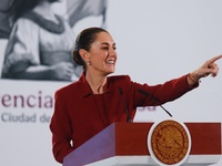 Claudia Sheinbaum Pardo, President of Mexico, speaks during a briefing conference about the rescue of Mexican Petroleum (PEMEX) at the Natio...