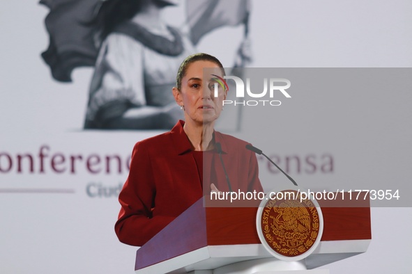 Claudia Sheinbaum Pardo, President of Mexico, speaks during a briefing conference about the rescue of Mexican Petroleum (PEMEX) at the Natio...