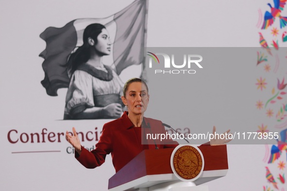 Claudia Sheinbaum Pardo, President of Mexico, speaks during a briefing conference about the rescue of Mexican Petroleum (PEMEX) at the Natio...