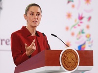 Claudia Sheinbaum Pardo, President of Mexico, speaks during a briefing conference about the rescue of Mexican Petroleum (PEMEX) at the Natio...