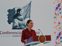 Claudia Sheinbaum Pardo, President of Mexico, speaks during a briefing conference about the rescue of Mexican Petroleum (PEMEX) at the Natio...