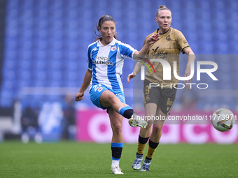 Lucia Martinez Gonzalez of RC Deportivo Abanca is challenged by Sanni Franssi of Real Sociedad during the Liga F match between RC Deportivo...