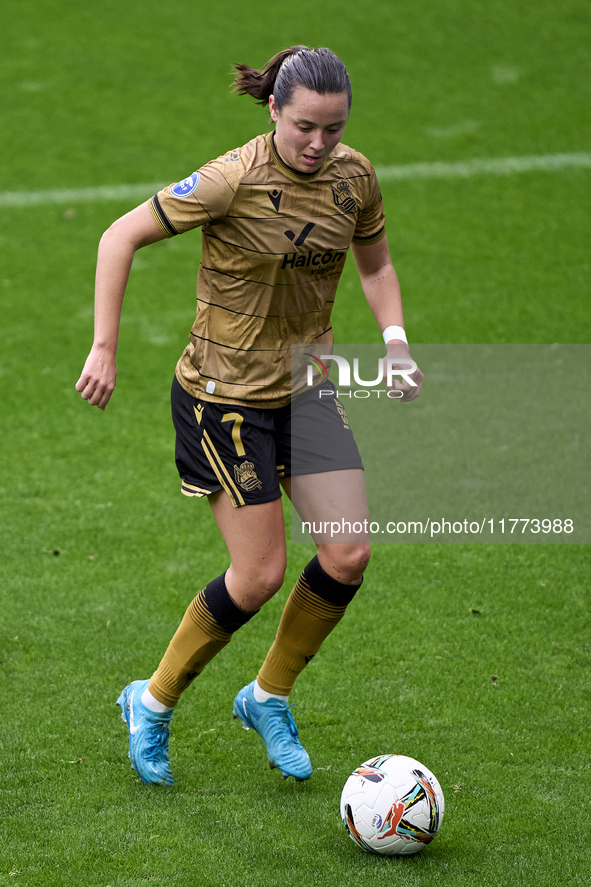 Amaiur Sarriegi of Real Sociedad is in action during the Liga F match between RC Deportivo Abanca and Real Sociedad at Abanca Riazor Stadium...