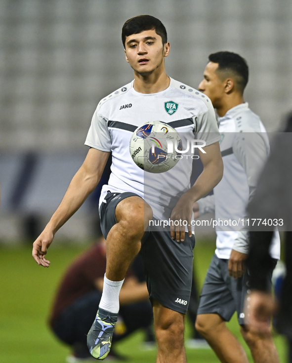 Abdukodir Khusanov from the Uzbekistan National football team attends a training session at Jassim Bin Hamad Stadium in Doha, Qatar, on Nove...