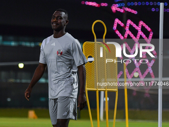 Almoez Ali from the Qatar National football team attends a training session at Aspire Academy in Doha, Qatar, on November 13, 2024, ahead of...