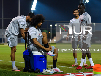 Players of the Uzbekistan national team train at Aspire Academy in Doha, Qatar, on November 13, 2024, ahead of the FIFA World Cup 2026 Quali...