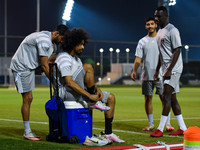 Players of the Uzbekistan national team train at Aspire Academy in Doha, Qatar, on November 13, 2024, ahead of the FIFA World Cup 2026 Quali...