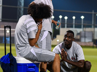 Players of the Uzbekistan national team train at Aspire Academy in Doha, Qatar, on November 13, 2024, ahead of the FIFA World Cup 2026 Quali...