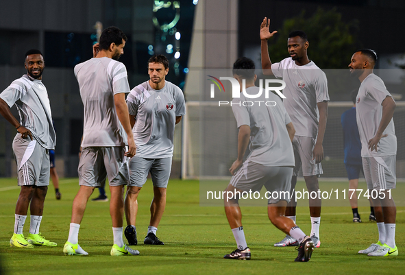 Players of the Qatar national team train at Aspire Academy in Doha, Qatar, on November 13, 2024, ahead of the FIFA World Cup 2026 Qualificat...