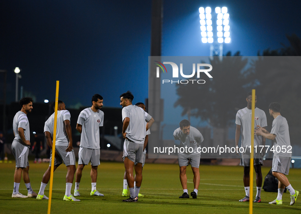 Players of the Qatar national team train at Aspire Academy in Doha, Qatar, on November 13, 2024, ahead of the FIFA World Cup 2026 Qualificat...