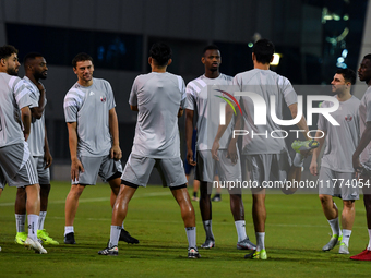 Players of the Qatar national team train at Aspire Academy in Doha, Qatar, on November 13, 2024, ahead of the FIFA World Cup 2026 Qualificat...