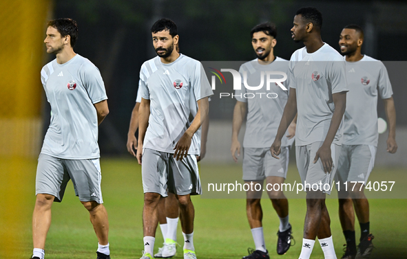 Players of the Qatar national team train at Aspire Academy in Doha, Qatar, on November 13, 2024, ahead of the FIFA World Cup 2026 Qualificat...