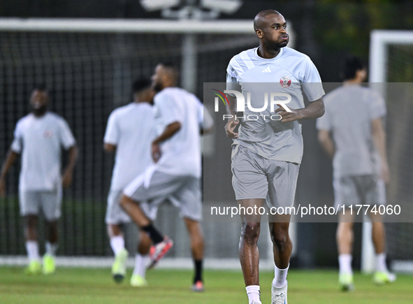 Abdelkarim Hassan from the Qatar National football team attends a training session at Aspire Academy in Doha, Qatar, on November 13, 2024, a...