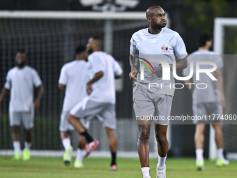 Abdelkarim Hassan from the Qatar National football team attends a training session at Aspire Academy in Doha, Qatar, on November 13, 2024, a...