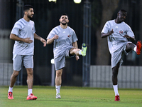 Players of the Qatar national team train at Aspire Academy in Doha, Qatar, on November 13, 2024, ahead of the FIFA World Cup 2026 Qualificat...