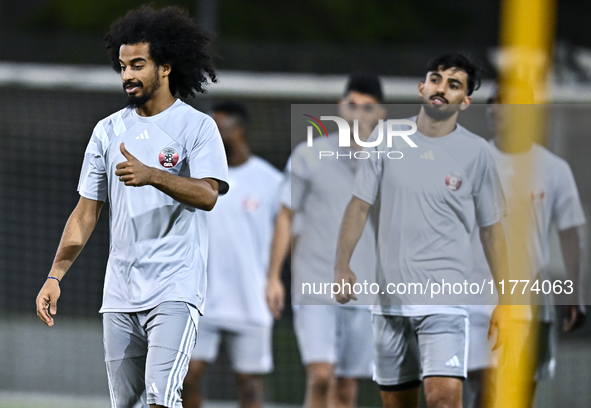 Players of the Qatar national team train at Aspire Academy in Doha, Qatar, on November 13, 2024, ahead of the FIFA World Cup 2026 Qualificat...