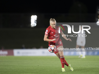 Ella Peddemors of FC Twente is in action during the UEFA Women's Champions League match between Real Madrid and FC Twente at Alfredo Di Stef...