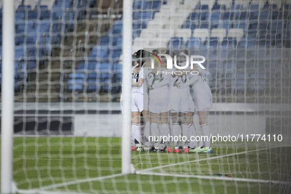 In Madrid, Spain, on November 13, several players of Real Madrid celebrate a goal during the UEFA Women's Champions League match between Rea...