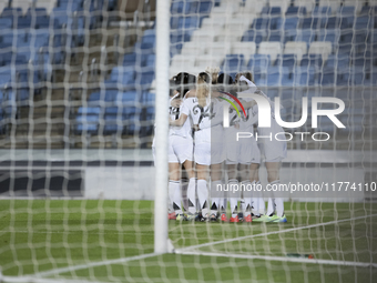 In Madrid, Spain, on November 13, several players of Real Madrid celebrate a goal during the UEFA Women's Champions League match between Rea...