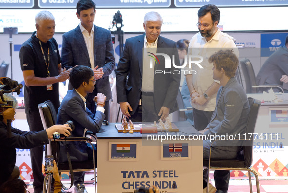 Chess players Rameshbabu Praggnanandhaa of India and Magnus Carlsen of Norway, a five-time World Chess Champion, compete on the first day of...